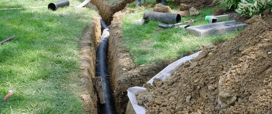 French drain pipe on a trench in McKinney, TX.