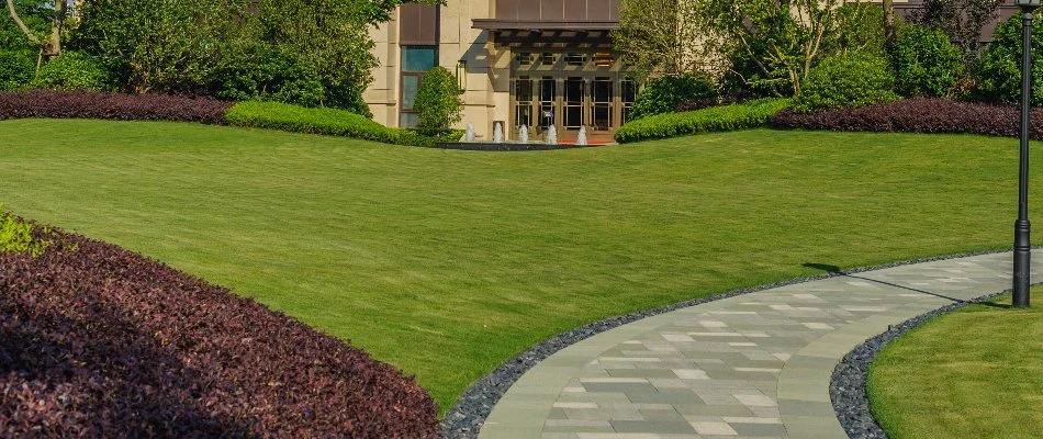 Green, manicured lawn in front of commercial building in Frisco, TX.