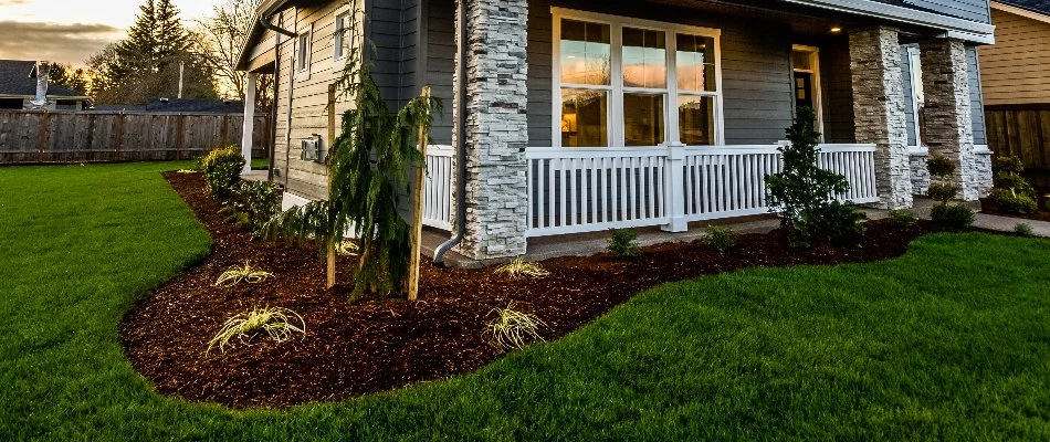 A property in McKinney, TX, with a landscape bed filled with mulch and plants.