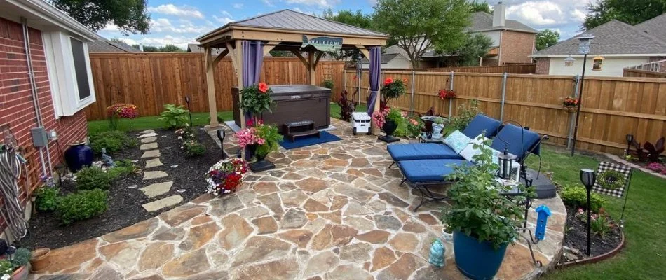 Natural flagstone patio and hot tub in Frisco, TX.