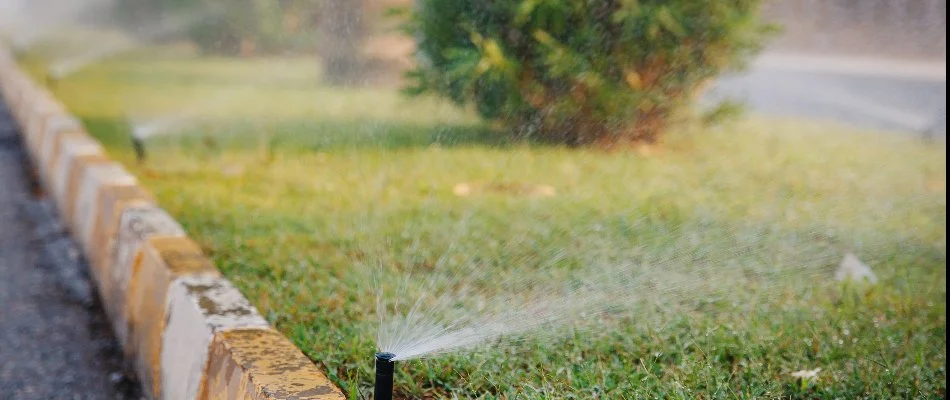 Sprinkler irrigation system running on a commercial property in McKinney, TX.