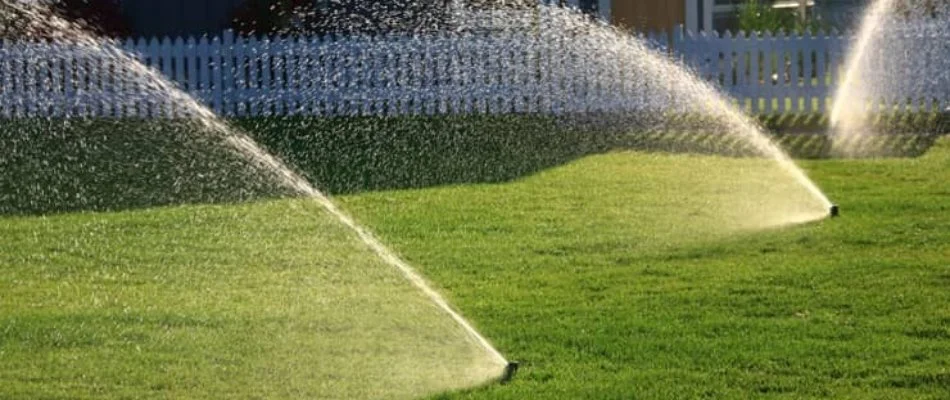 Sprinkler irrigation system watering a lawn in McKinney, TX, with white fence. 