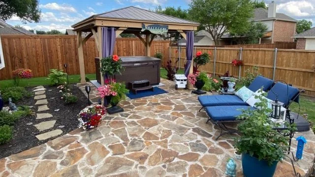 Backyard in Plano, TX with a patio and gazebo.